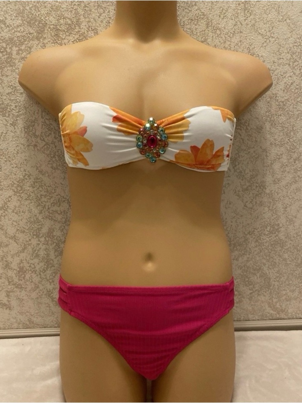 Strapless Floral Bandeau Bikini Top with Jeweled Accent - White & Orange